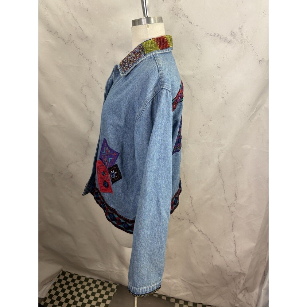 Vintage 90s Patchwork Denim Jacket M Beaded Collar Southwestern Concho Artsy L - Picture 3 of 16